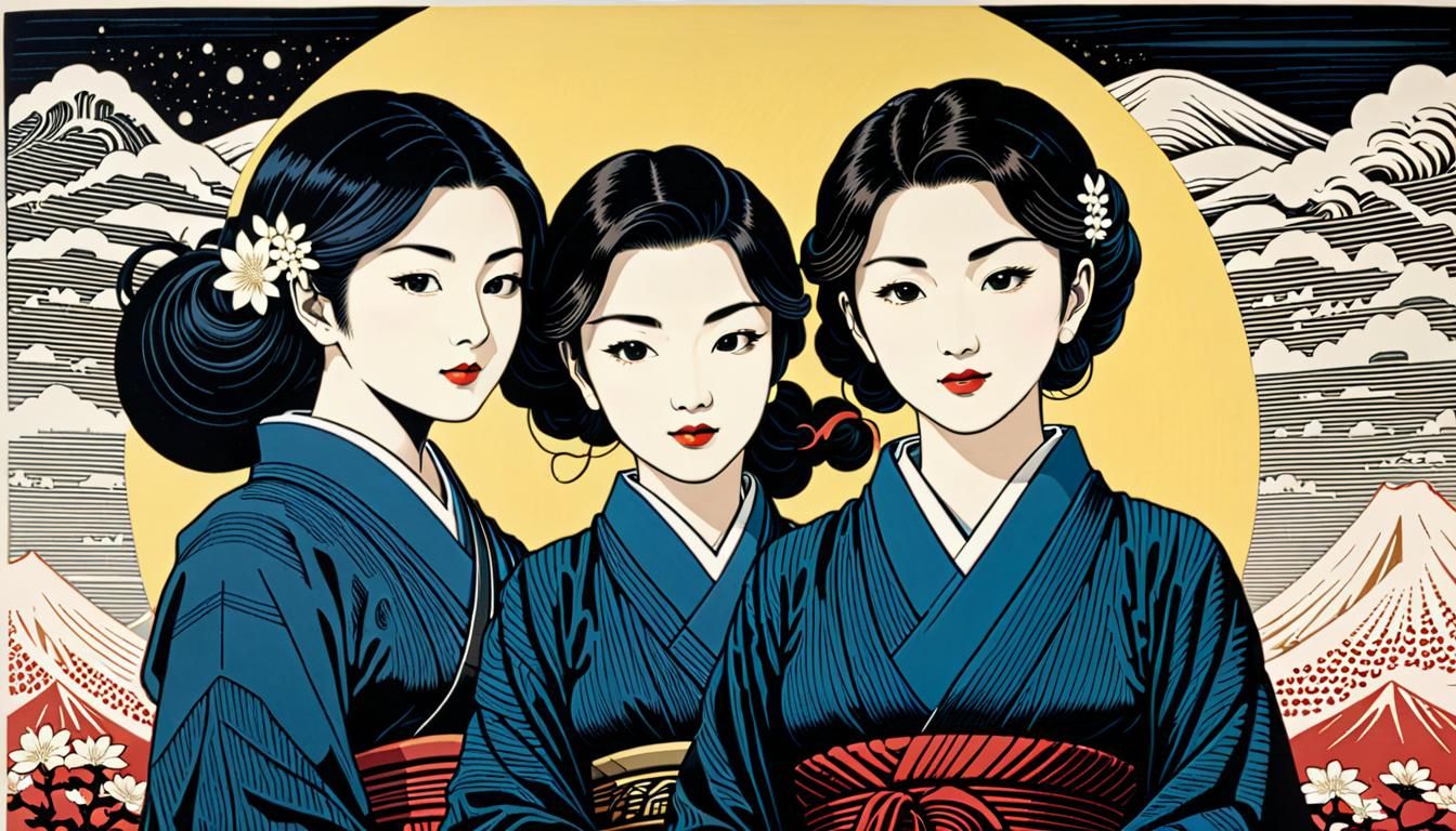 Lesbian visibility day. woodcut, linocut, Ukiyo-e