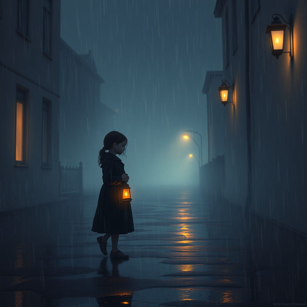 Girl Walks in Rain with Lantern: Fantasy Concept Art