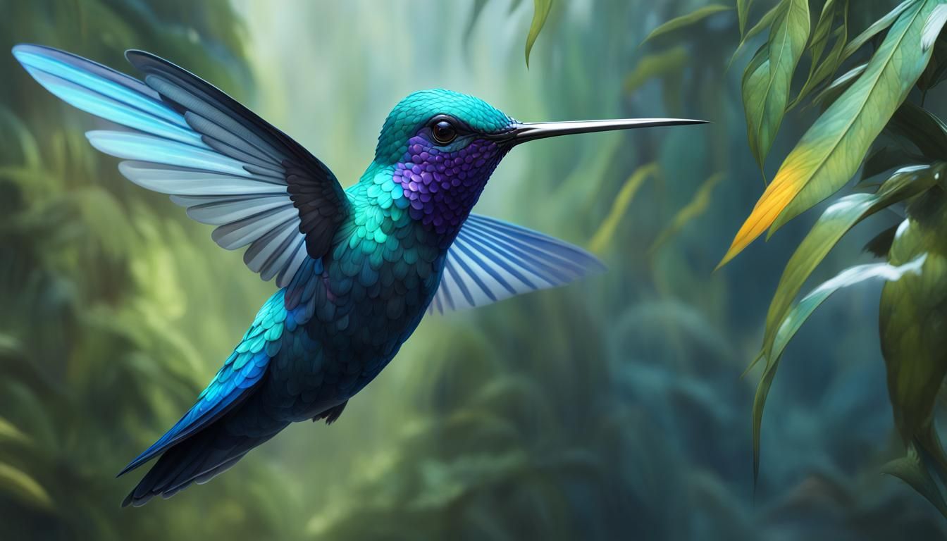 Translucent Blue Hummingbird in Amazon, Hyperrealistic Art