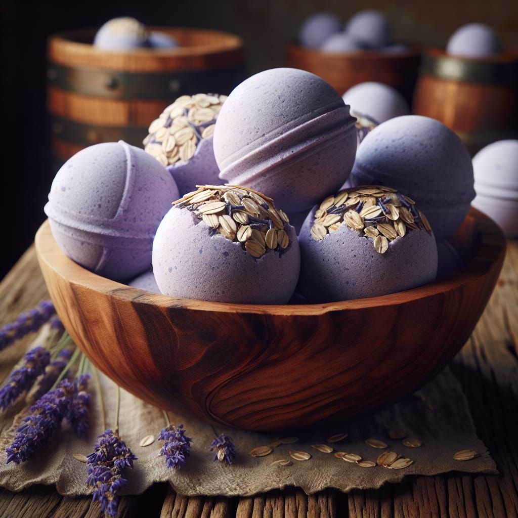 Medieval Lavender Oats Bath Bombs in Rustic Wooden Bowl