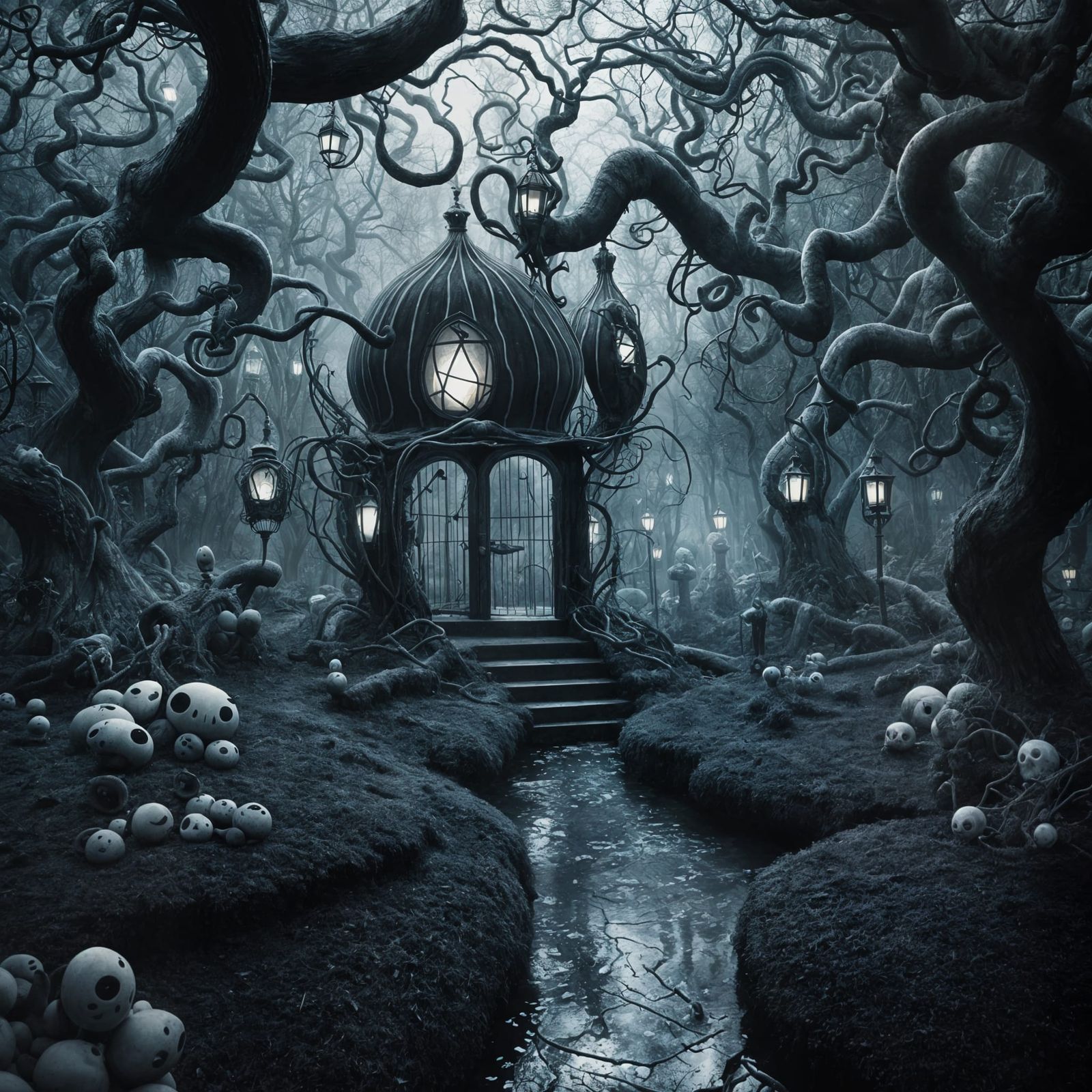 Creepy Garden in Tim Burton Style
