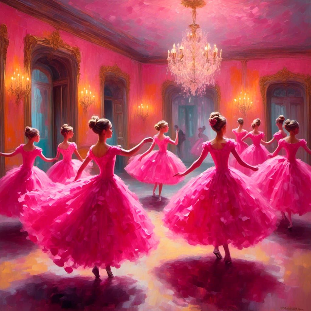 Dancers in Pink Ballroom: Impressionistic Oil Painting
