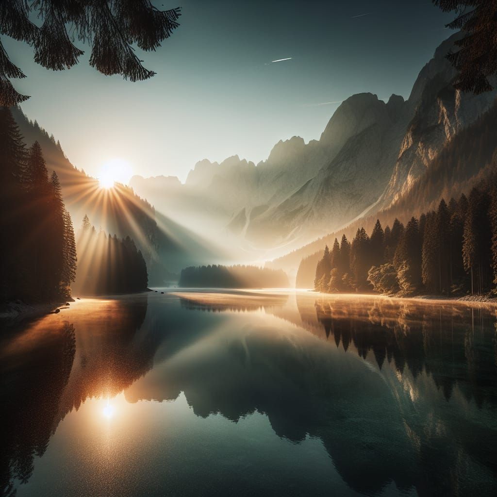 Tranquil Sunrise Panorama over Misty Mountain Lake