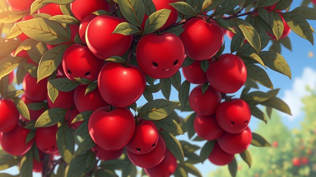 Vibrant Red Apple Tree in Whimsical Studio Ghibli Style