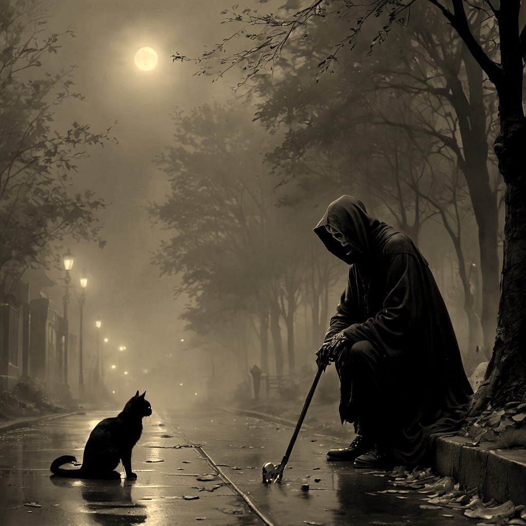 Grim Reaper Explains Something to a Cat