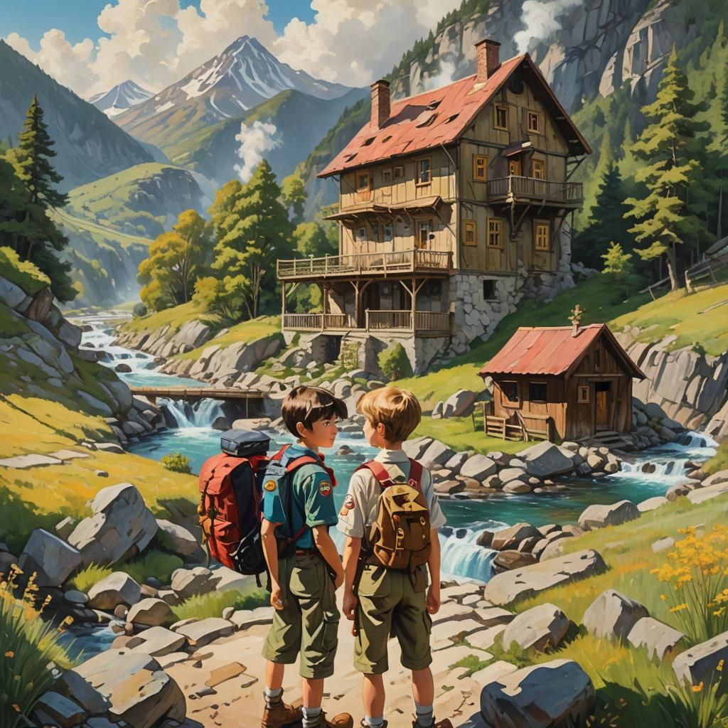 Scouts in Sunny Mountainside, Vibrant Oil Painting