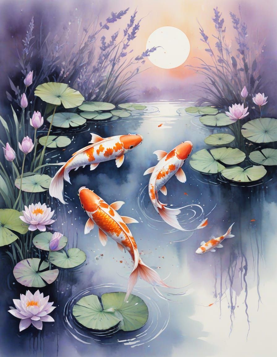 Koi Carp in Twilight Pond with Lavender Watercolor