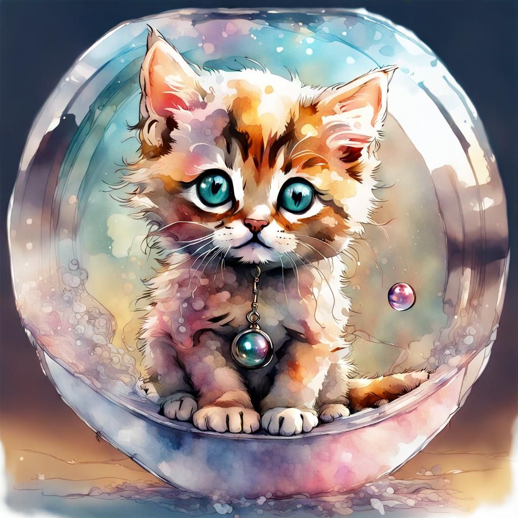 Chibi Kitten Trapped in Bubble: Watercolor Art