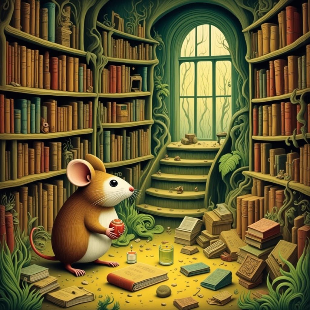 Whimsical Woodcut Mouse in Cozy Library