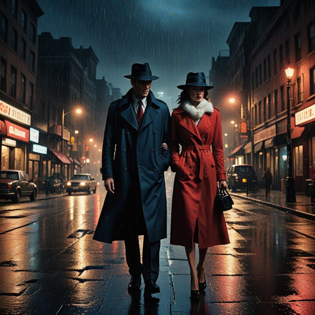 Gangster and Femme Fatale Embrace the Rainy Night