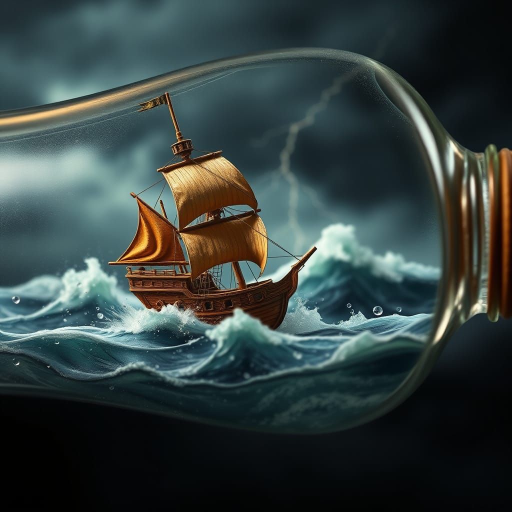 Pirate Ship in a Glass Bottle, a Stormy, Atmospheric Scene