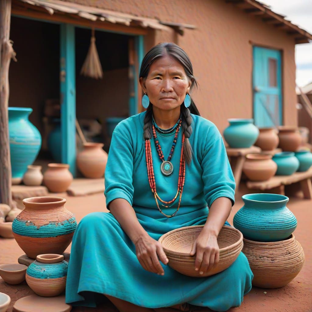 Navajo Woman Surrounded by Traditional Pottery and Baskets i...