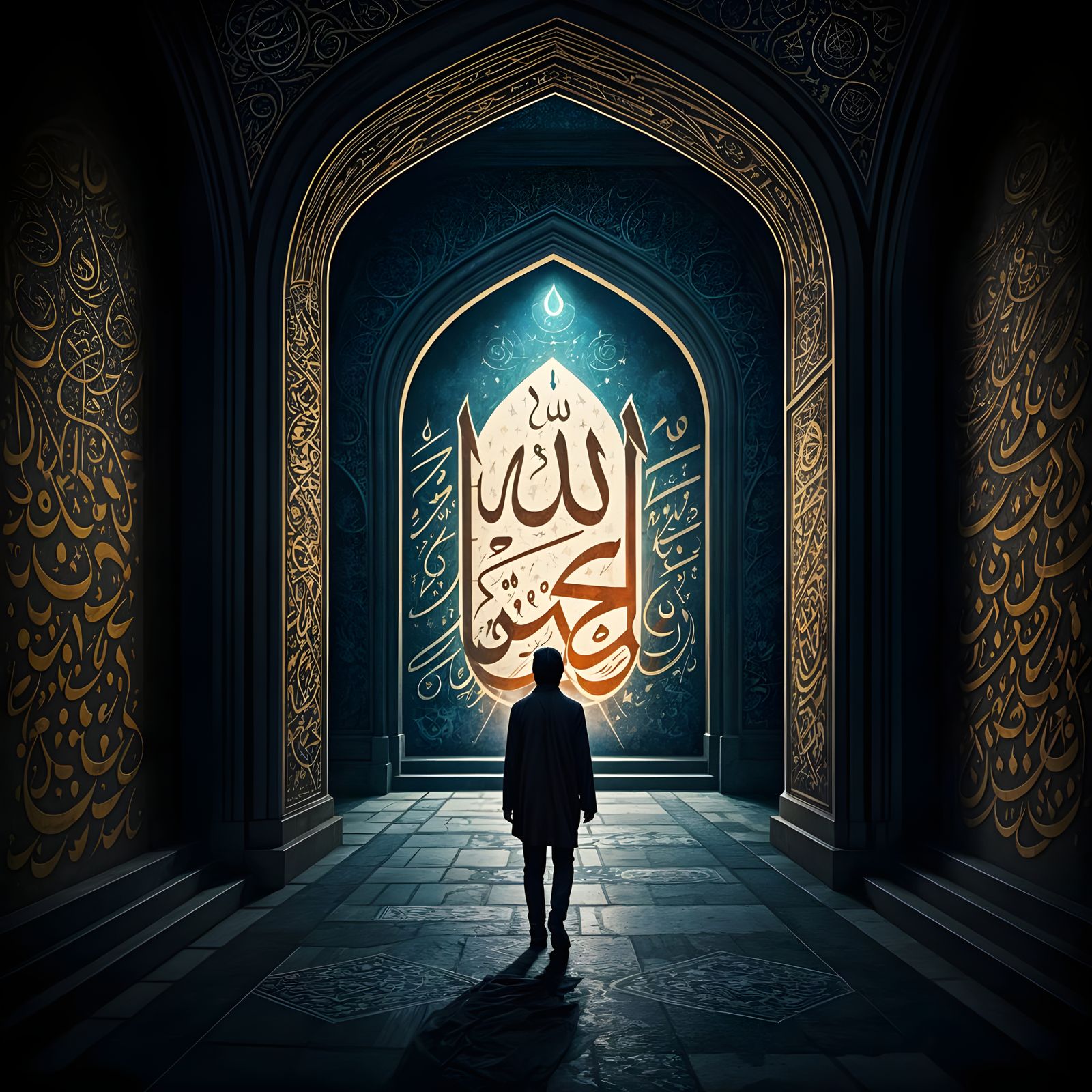 Vibrant Cityscape Adorned with Intricate Islamic Calligraphy