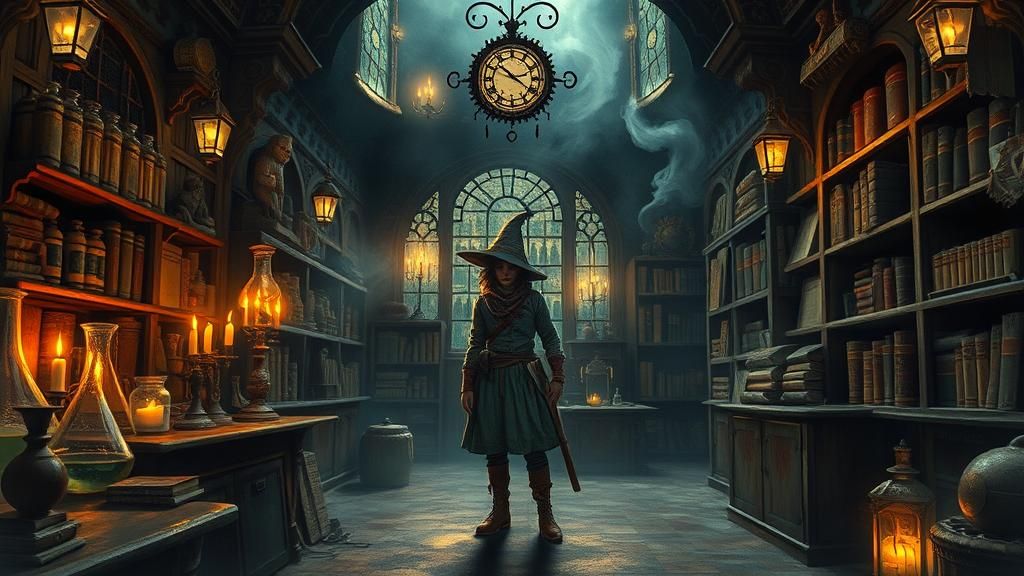 Steampunk Adventurer in Eerie Apothecary, Impasto Gouache St...