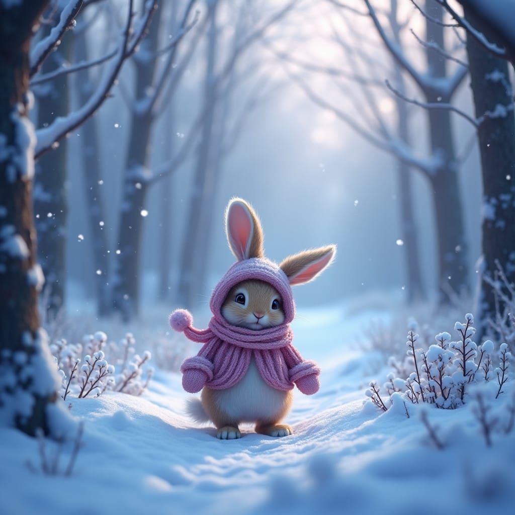 Snowy Forest Fantasy with Adorable Rabbit