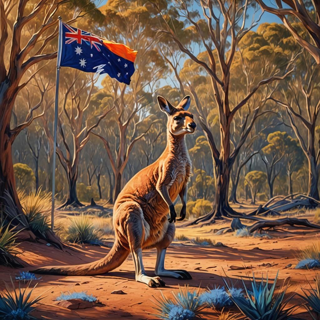 Kangaroo Patriot: Australian Flag Outback Oil Painting