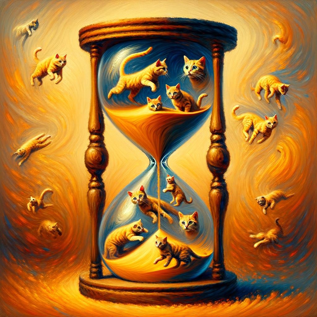 Hourglass Filled with Cats: An Abstract Oil Painting