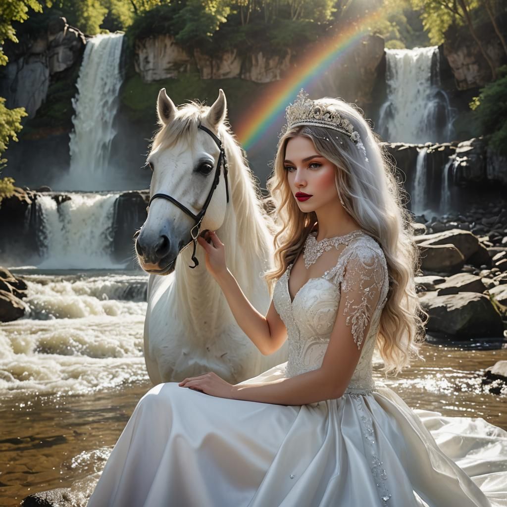 Woman with Diamond Crown on White Horse