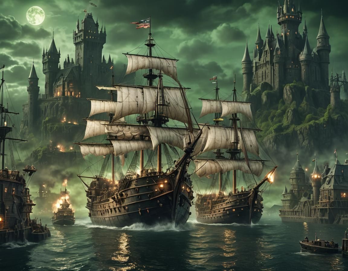 Steampunk Viking Battleship Near Castle at Night