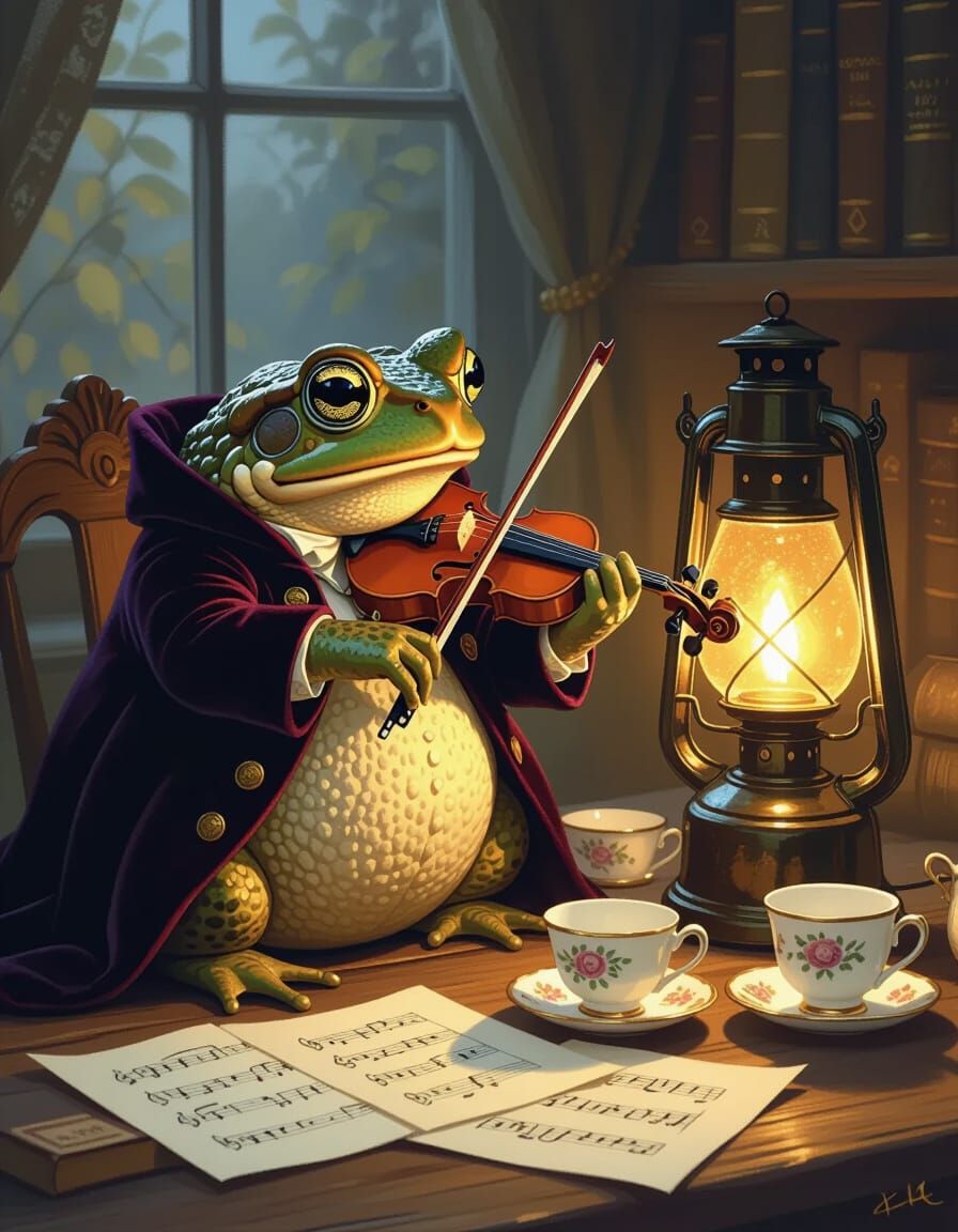 Toad Musician in Velvet Coat Plays Violin by Lamplight