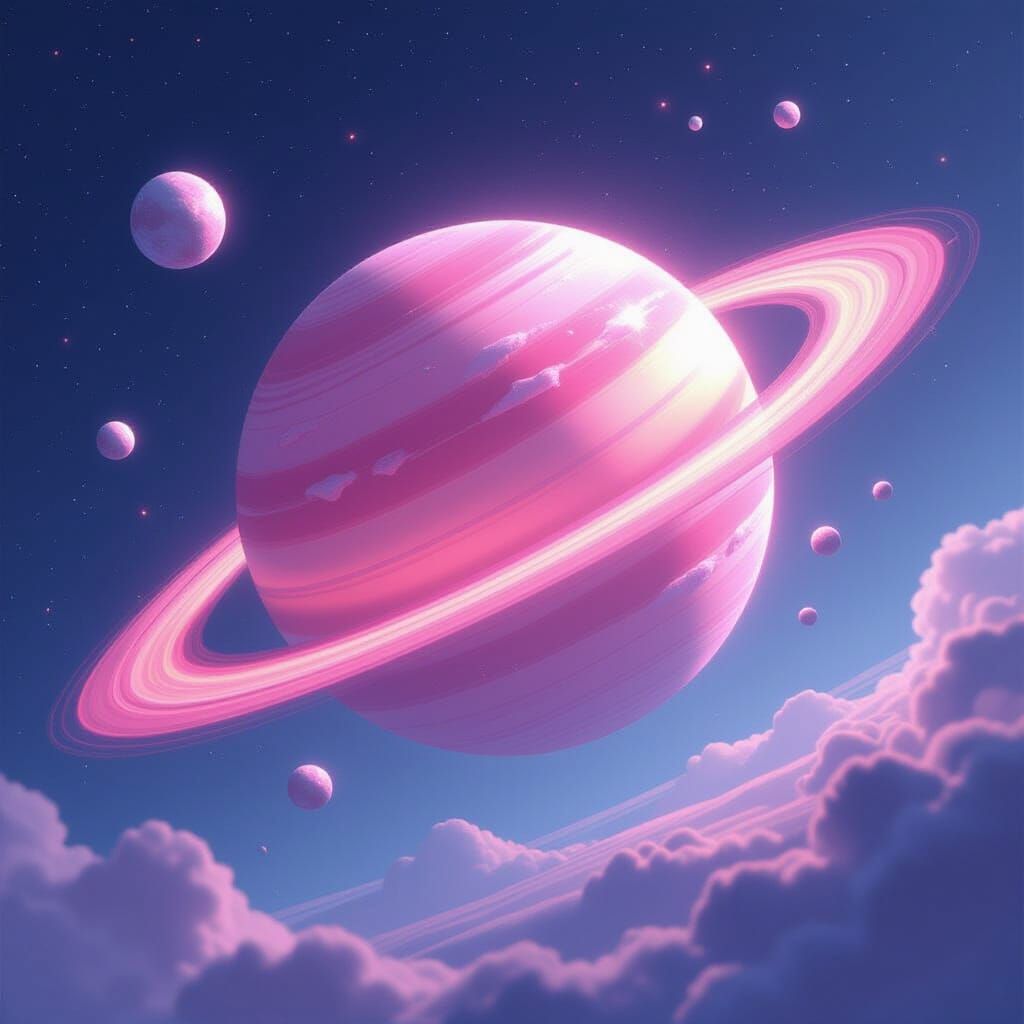 Dreamy Pink Planet with Luminous Rings