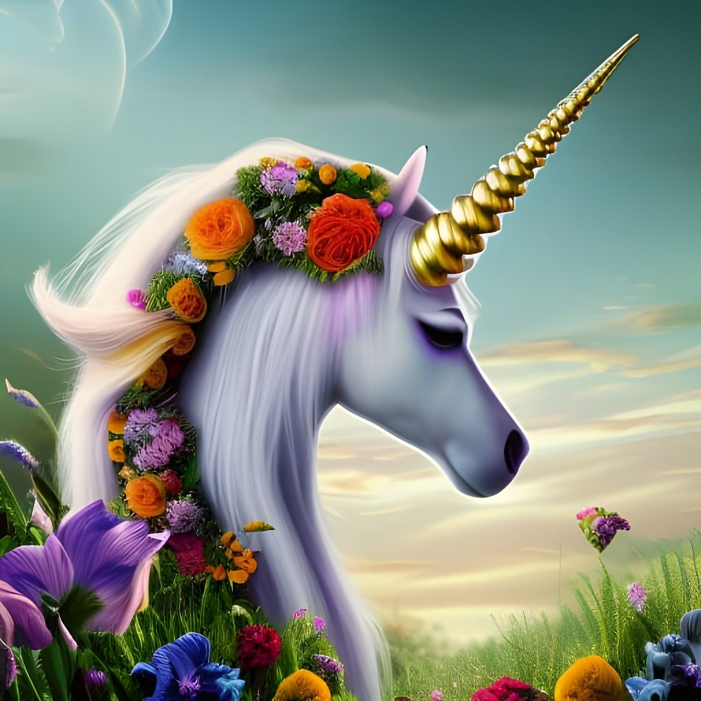 Beautiful fantasy unicorn head, flowing brush stroked mane hair, golden horn, Metallica, flowers in the unicorn mane,  m...