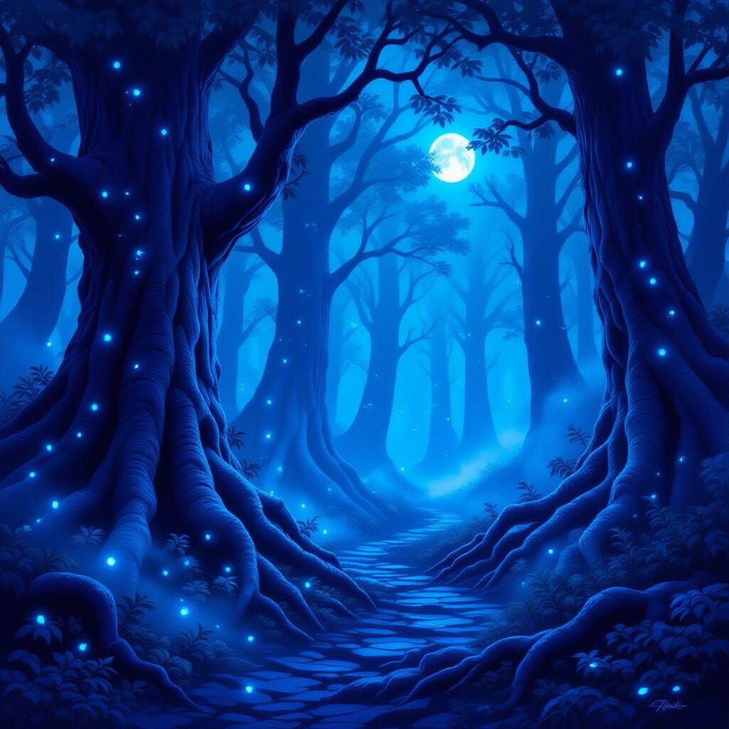 Enchanted Midnight Forest Path with Bioluminescent Flora