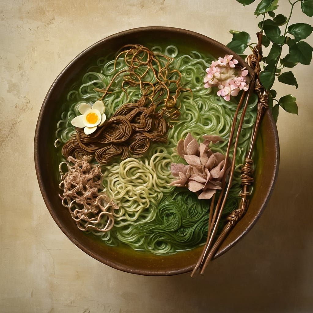 Botanical Ramen: A Surrealist Still Life Sculpture