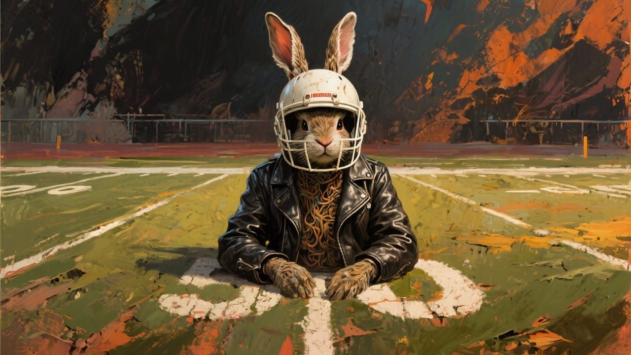 Surreal Bunny in Leather Jacket Inside Football Helmet