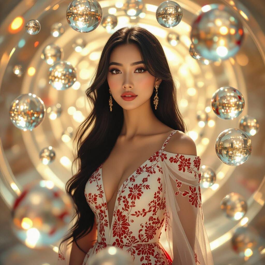 Indonesian Woman Surrounded by Marbles in Surreal Style