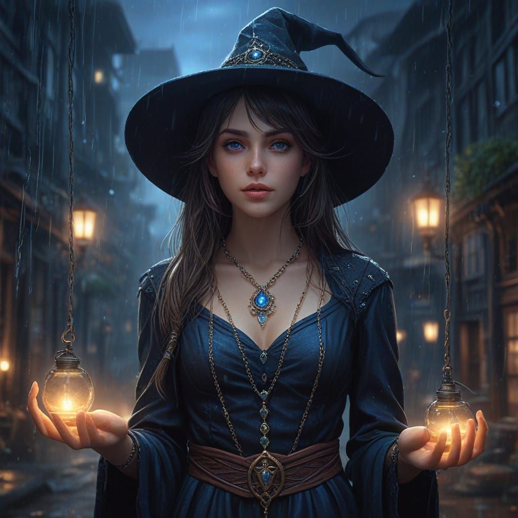 Mystical Young Witch in Anime-Influenced Fantasy Scene