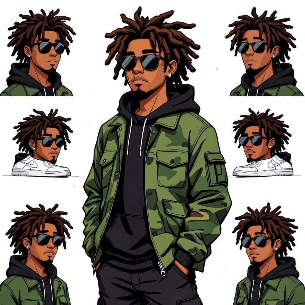 Cartoon African American Man in Camo Jacket