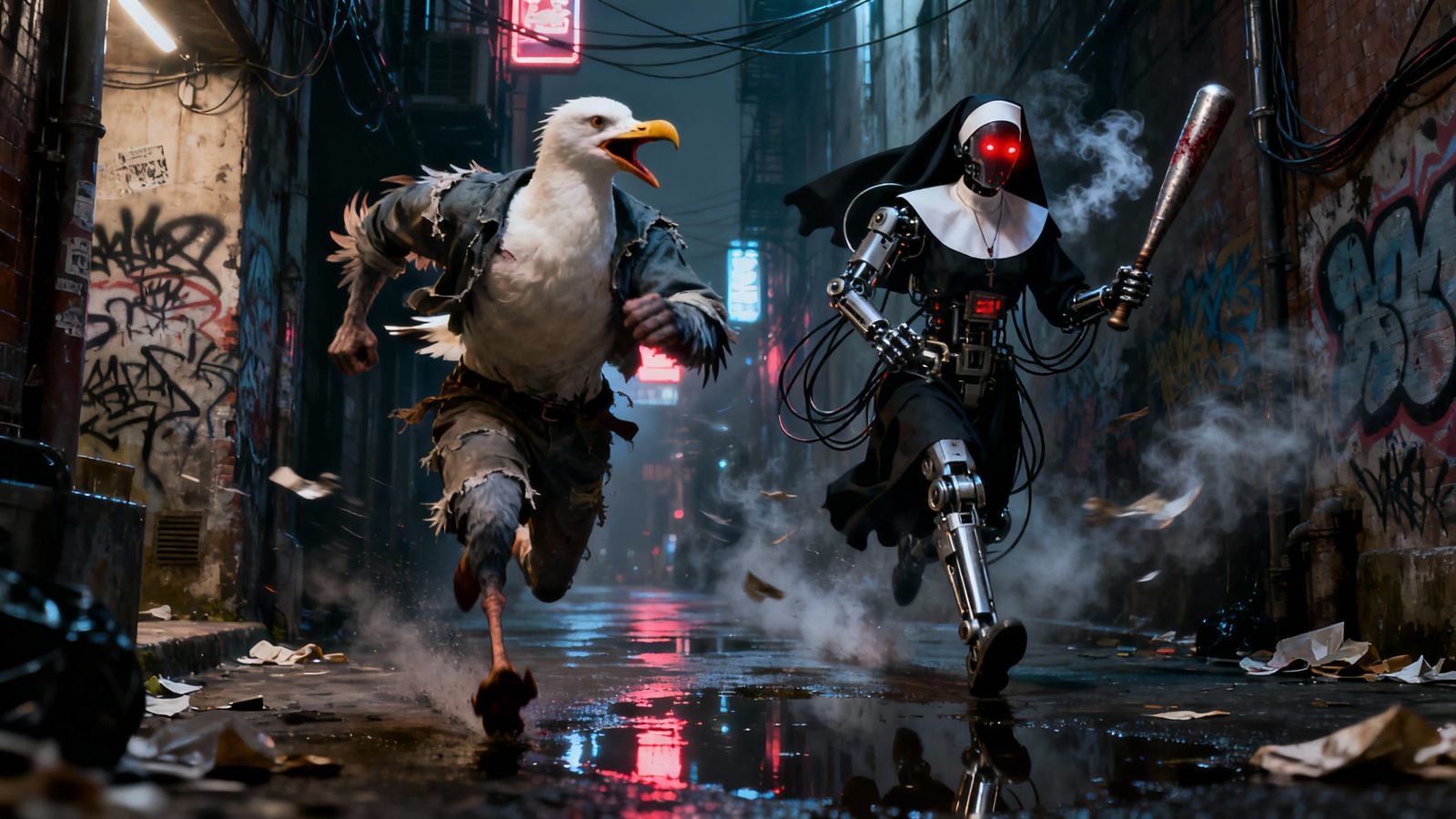Surreal Noir Chase: Seagull Man Flees Biomechanical Nun