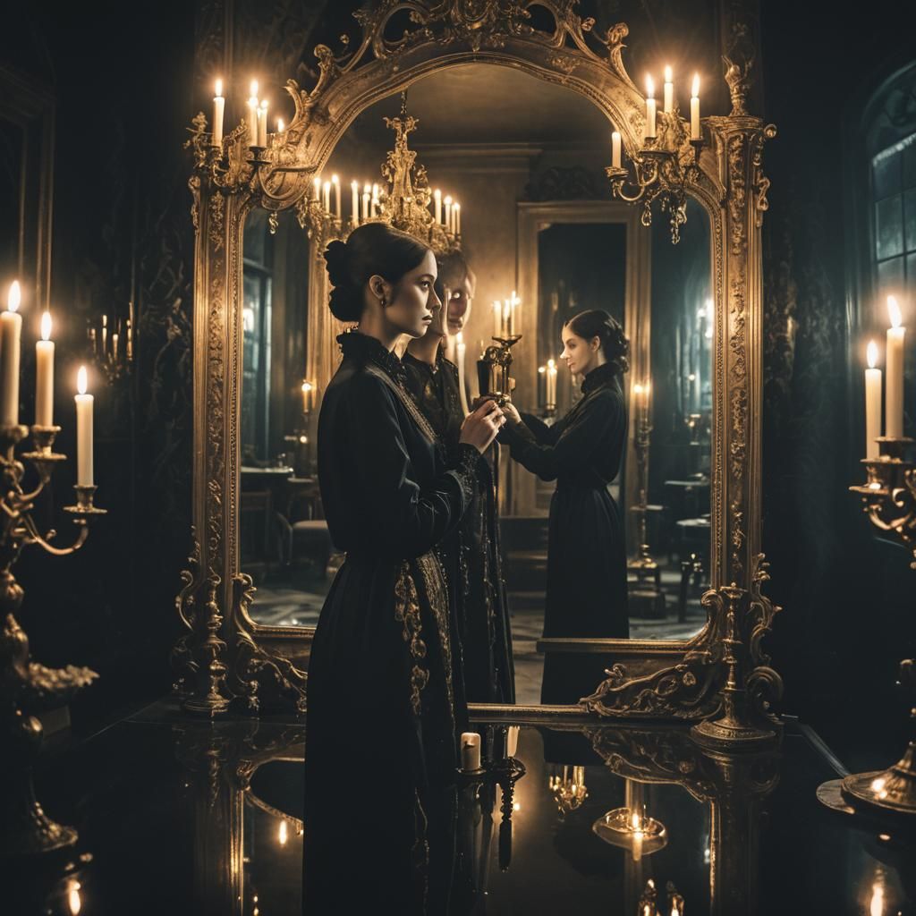 Gothic Surrealism: Woman and Dark Mirror Reflection