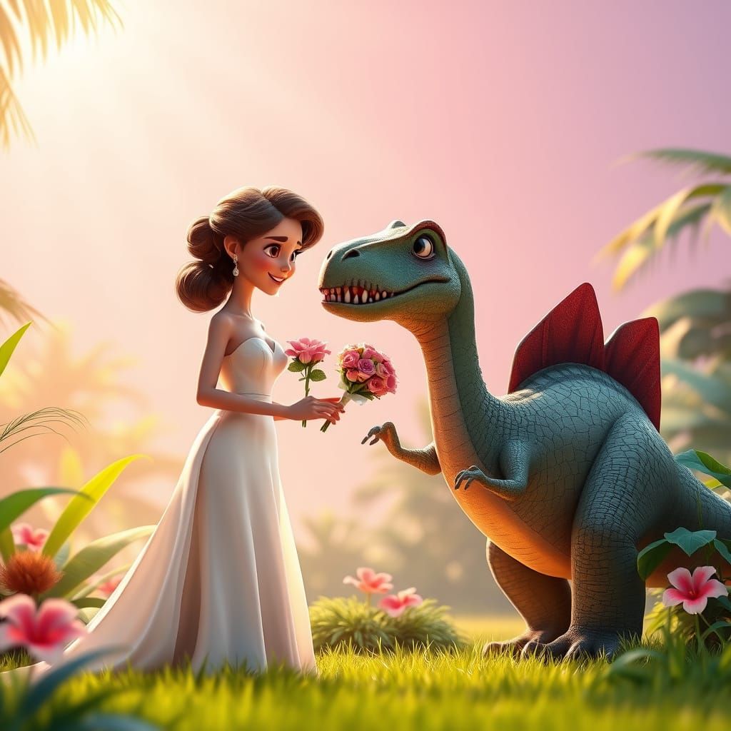 Woman Gives Bouquet to Dinosaur in Pixar Style