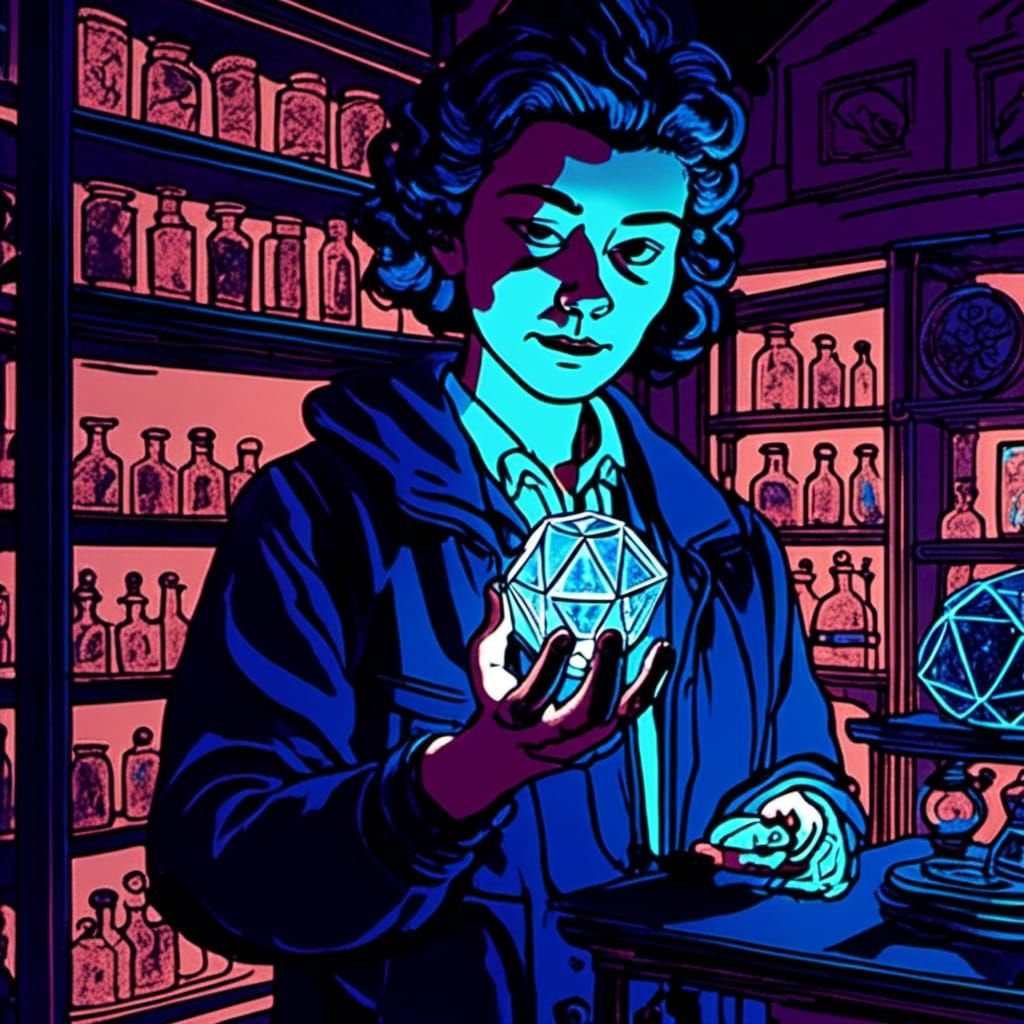 Scientist and Glowing Crystal in Neon Noir Lab