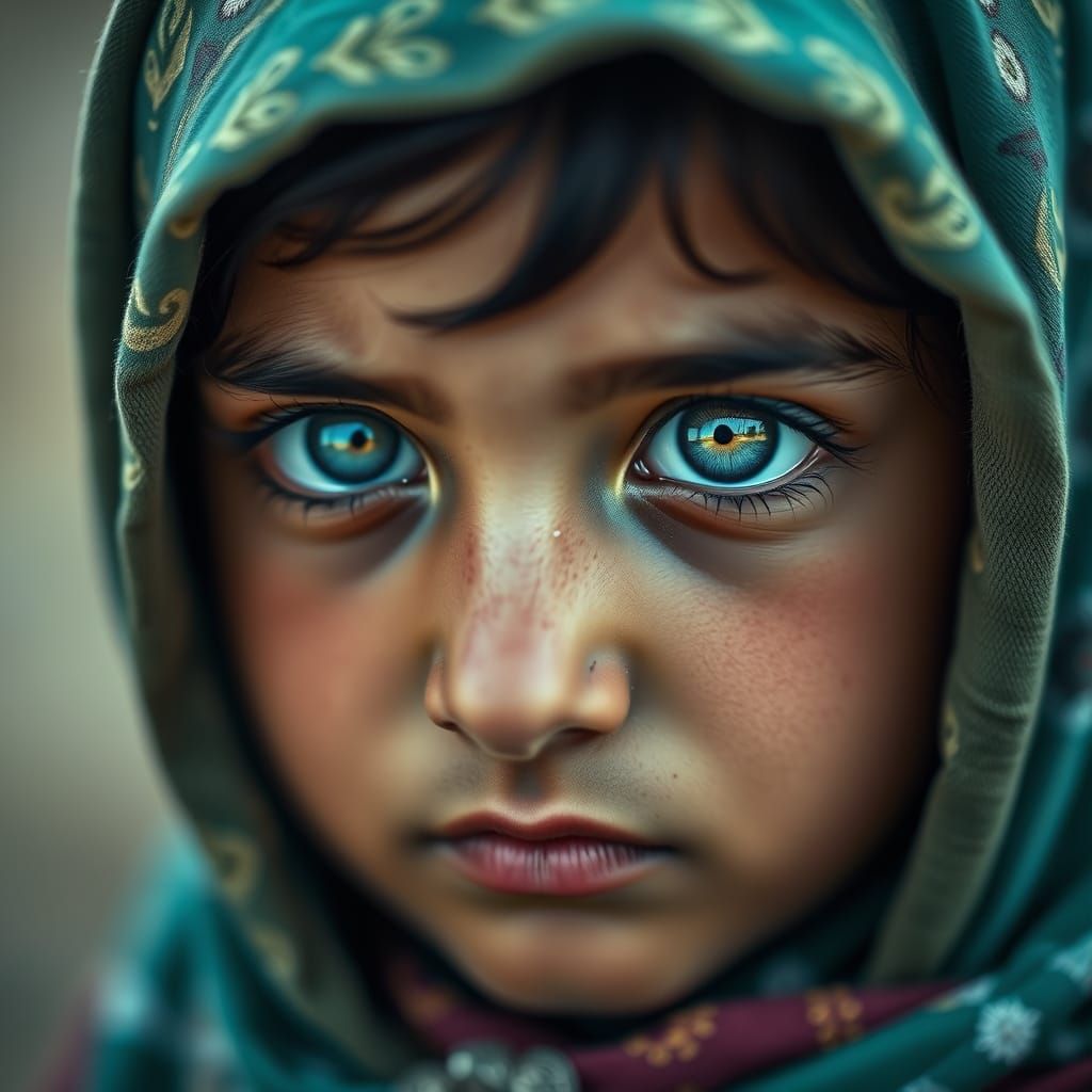 Striking Portrait of Afghan Girl with Blue Eyes