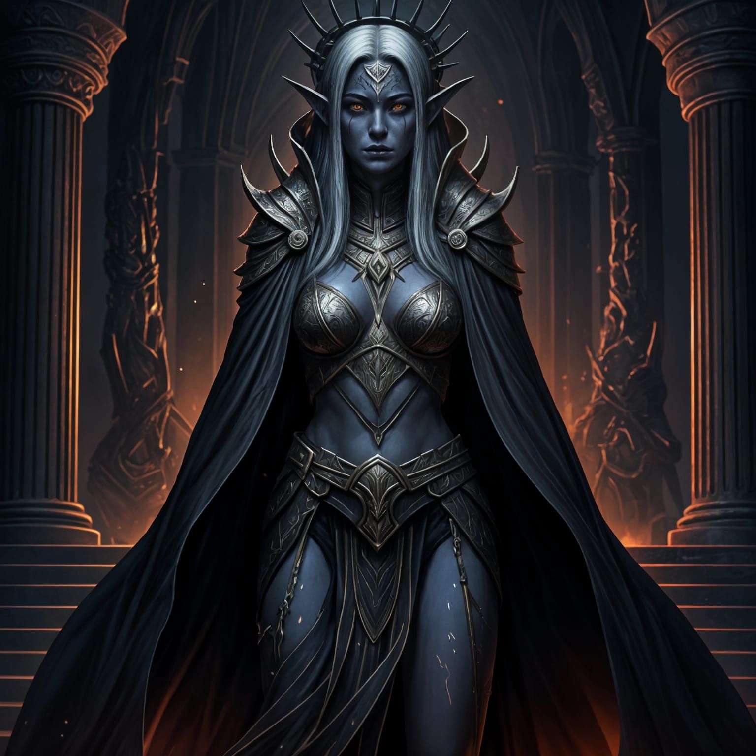 Dark Elf Slave with Arcane Runes in Shadowy Temple