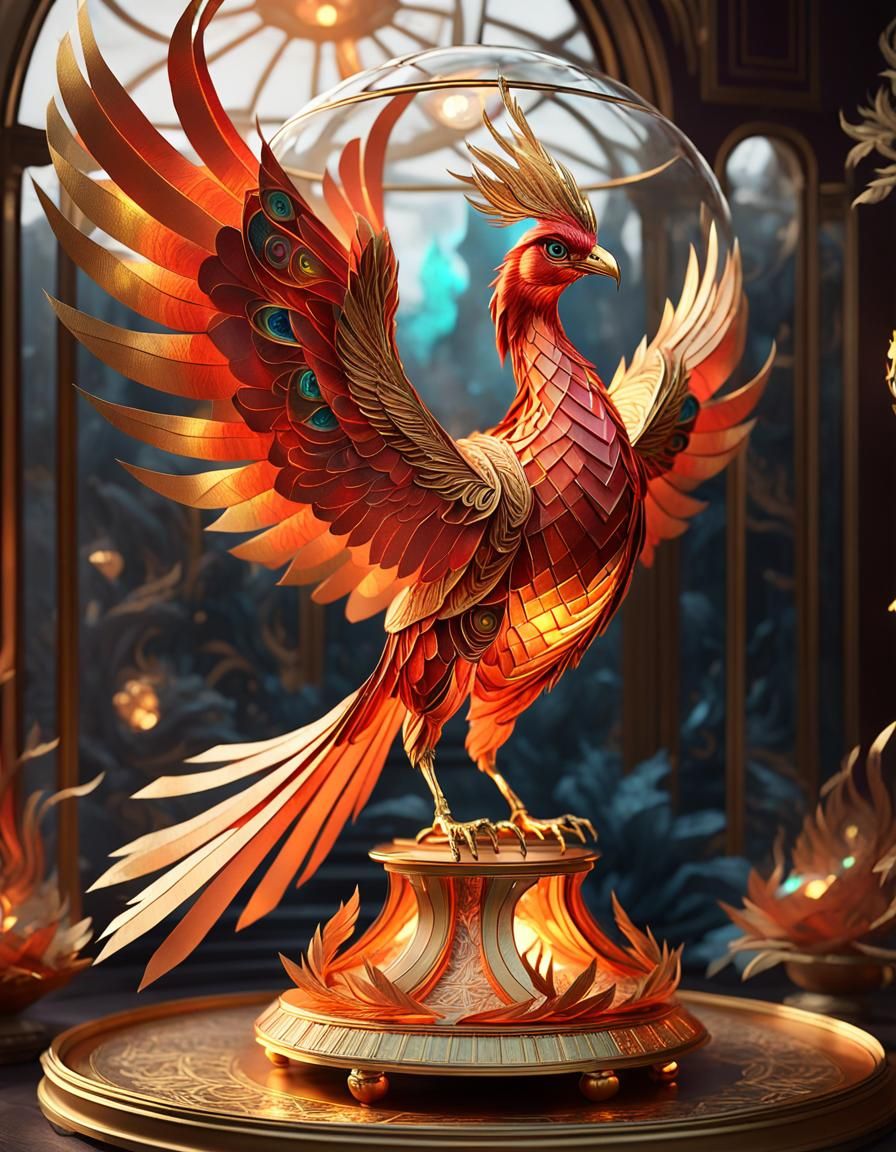 Fiery Phoenix Under Glass Dome: Fantasy Digital Art
