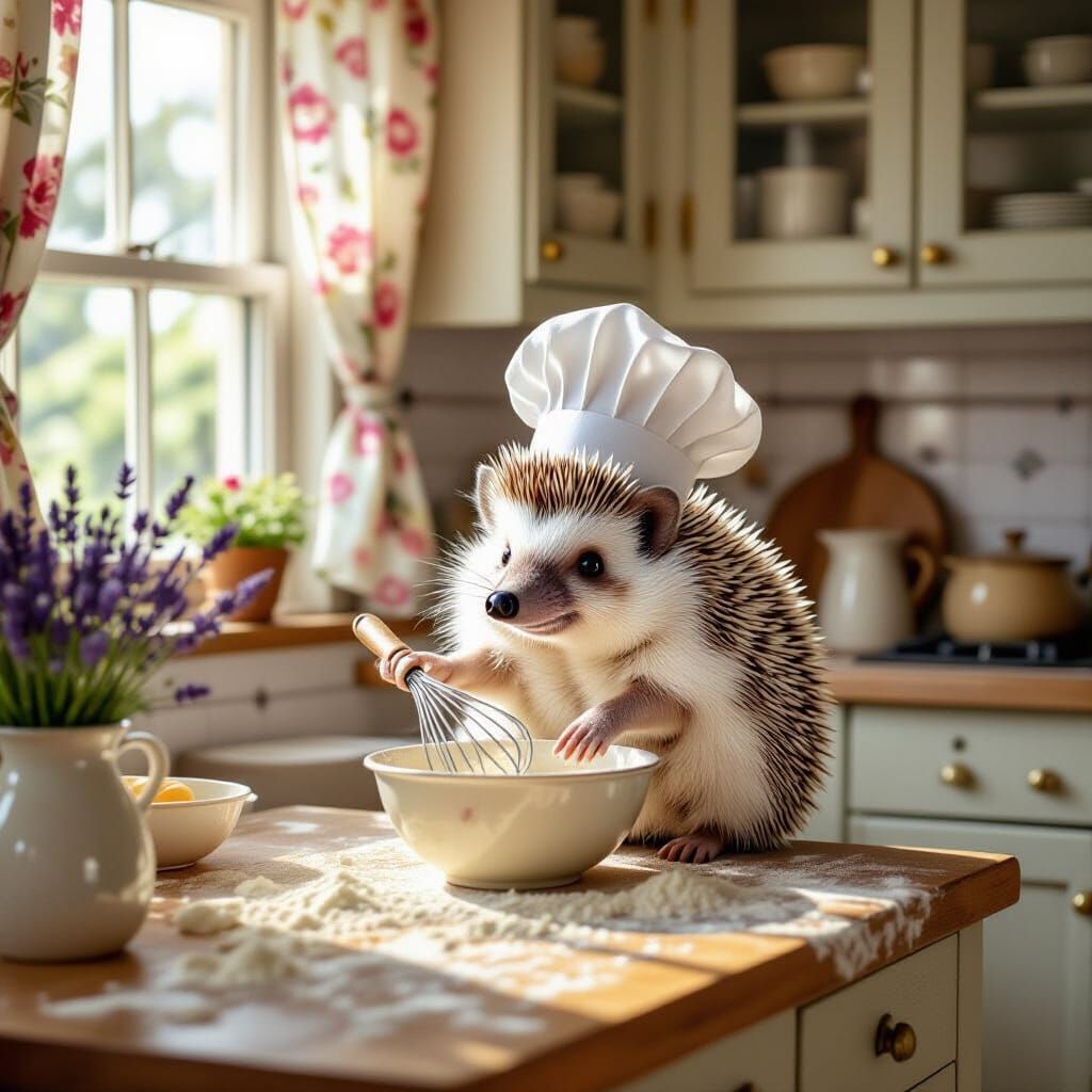 Hedgehog Chef Whisking Batter in Sunny Kitchen