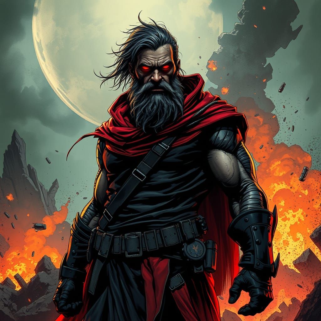 Dark Superhero on Crumbling Planet in Dramatic Style