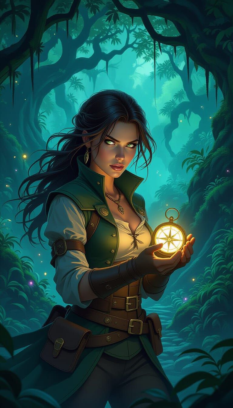 Adventurer Woman With Glowing Compass In Ancient Forest