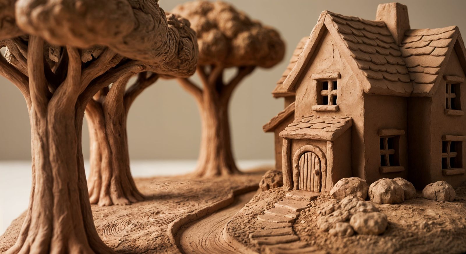 Handmade Clay Diorama of Cottage Scene