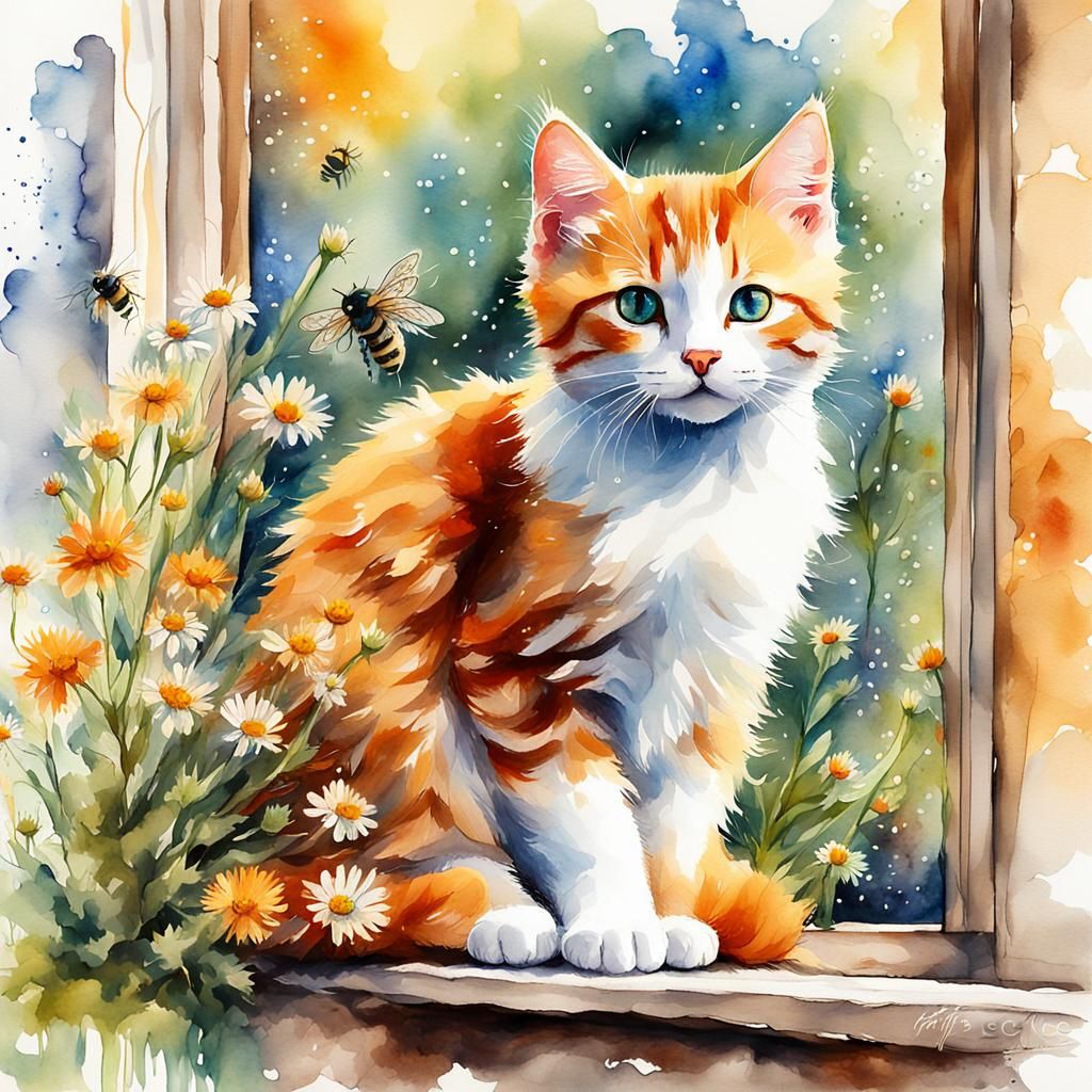 Ginger Kitten in Sunlight: Watercolor and Ink Art