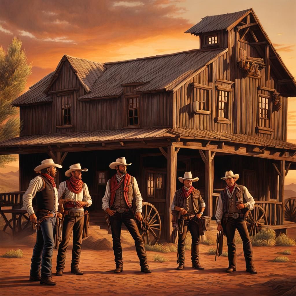 Western Scene with Cowboys and Farmhouse