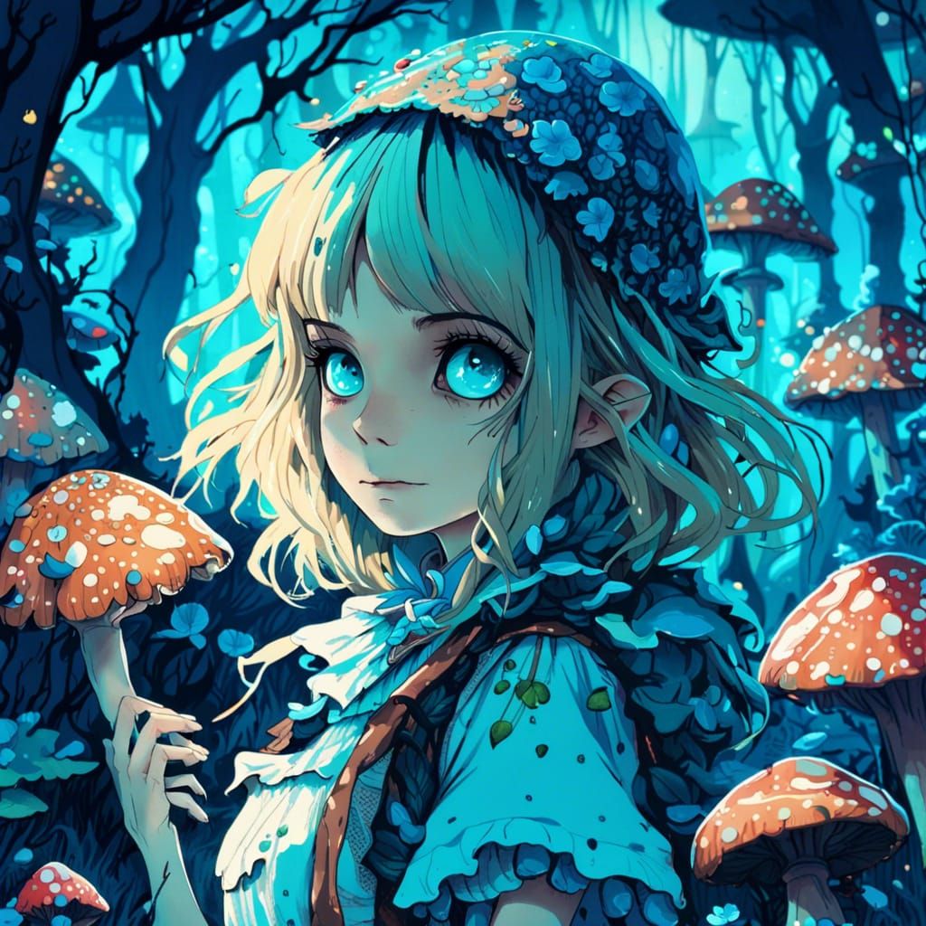 Alice in Wonderland on Blue Mushroom Forest, Anime Style