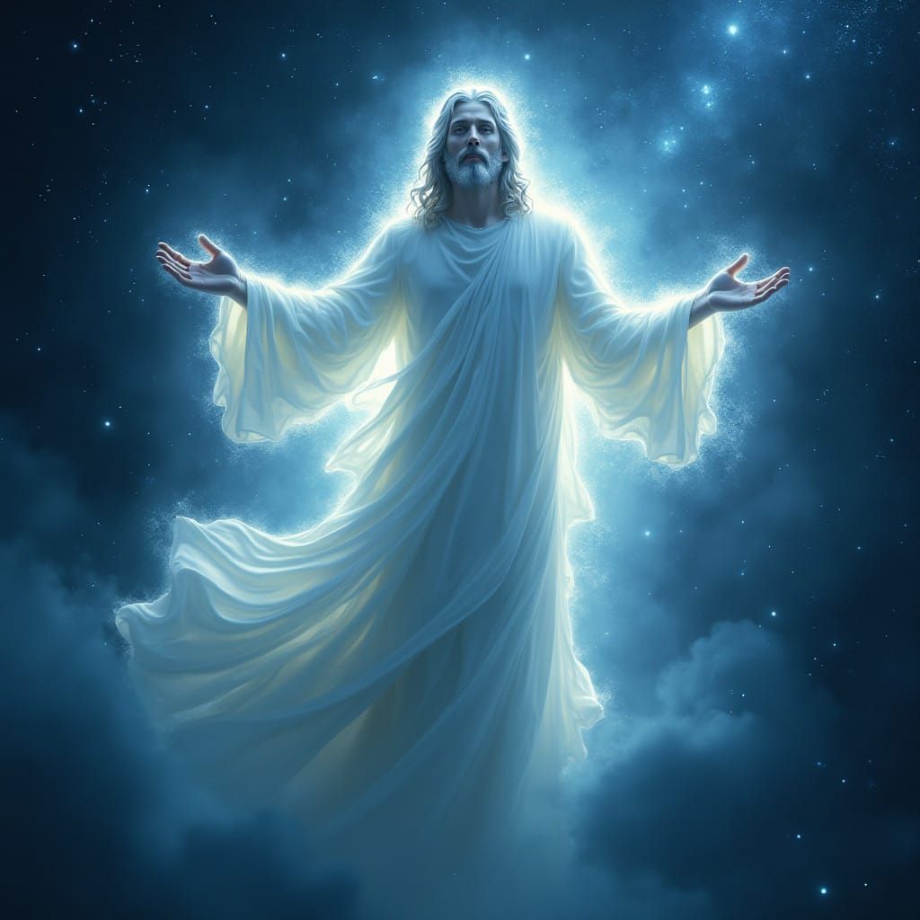 Ethereal Jesus Christ in Deep Blue Outer Space with Twinklin...