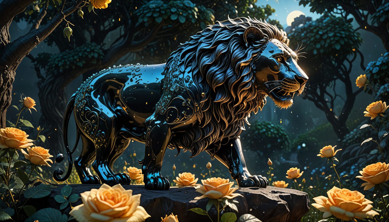 Obsidian Lion with Roses Mane, Mystical Photography