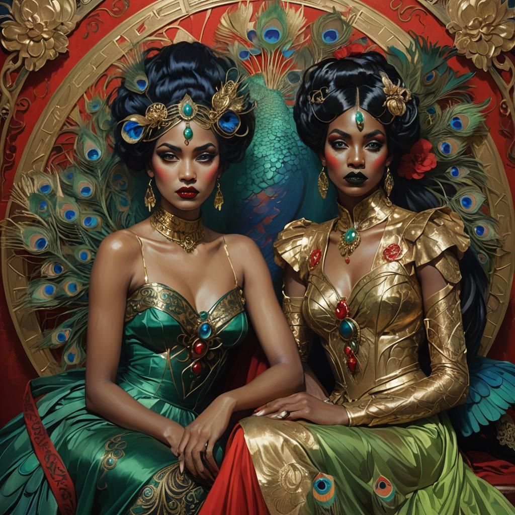 Fantasy Women with Gold Skin and Peacock Feathers