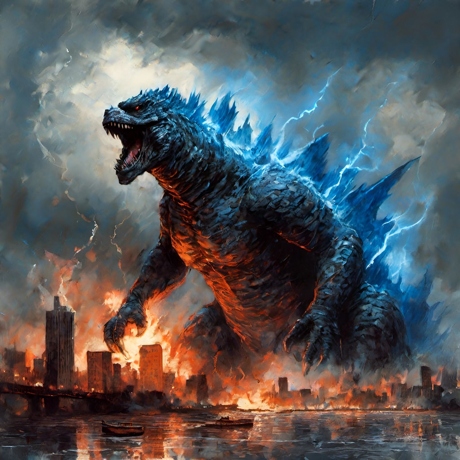 Godzilla in Blue Thunderstorm: Gothic Post-Apocalyptic Art